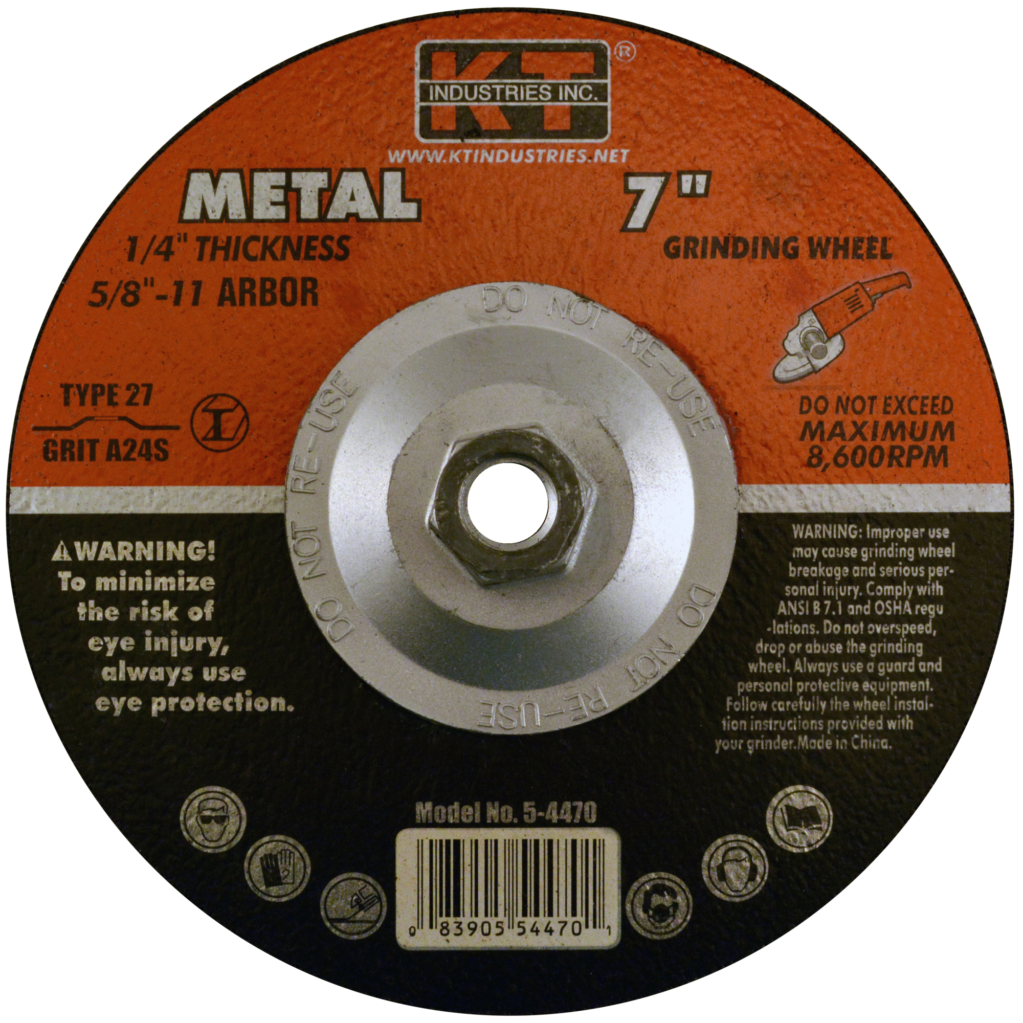 K-T Industries Type 27 Grinding Wheel — 7in. x 1/4in. x 5/8in.-11, Resin Bond, Fiberglass Reinforced, Model# 5-4470
